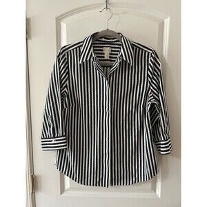 Chico’s Size 0 White Black Button Down Shirt Dots Career Work Back Buttons